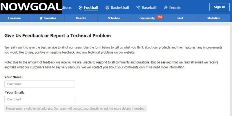 Gửi feedback khi gặp vấn đề lúc sử dụng website Nowgoal
